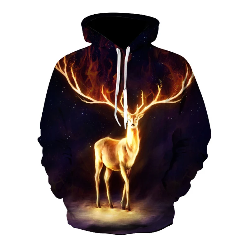 Sika олень и огонь графический принт Мужчины 3D толстовки с длинным рукавом