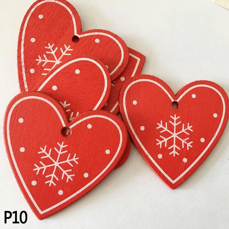 P10 10 шт., 5 см, белые, красные, деревянные рождественские украшения, звезда, сердце, Рождественская елка, подвесные Подвески для нового года, Рождества, украшения для дома, вечерние - Цвет: P10