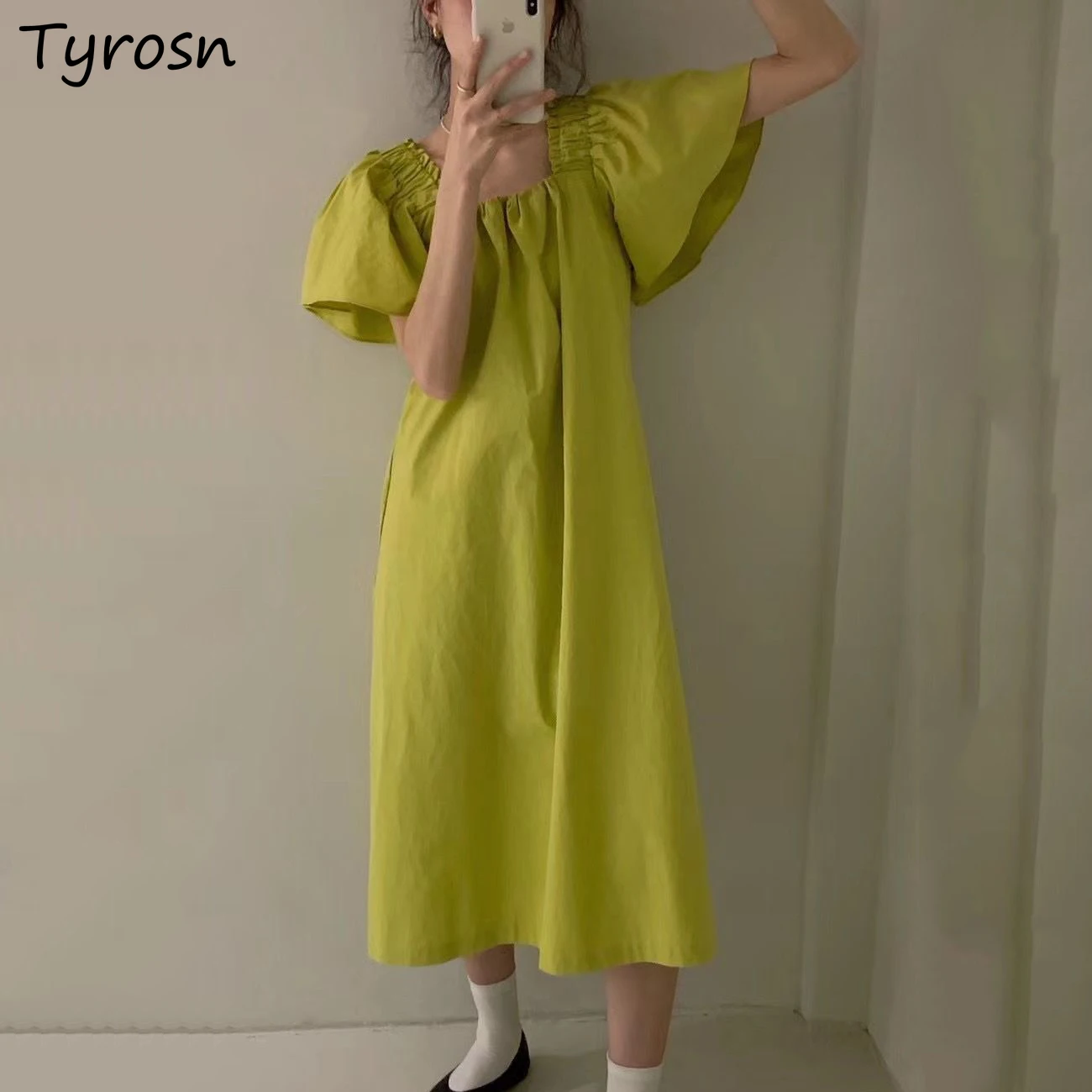 

Short Sleeve Dress Women Loose Square Collar Pockets Solid Elegant Midi Dresses Empire Korean Fashion New Arrival Vestidos Mujer