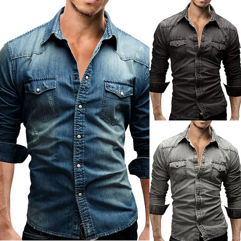 

2020 Denim Shirt Men Cotton Jeans Shirt Fashion Autumn Slim Long Sleeve Cowboy Shirt Stylish Wash Slim Tops Asian Size 3XL