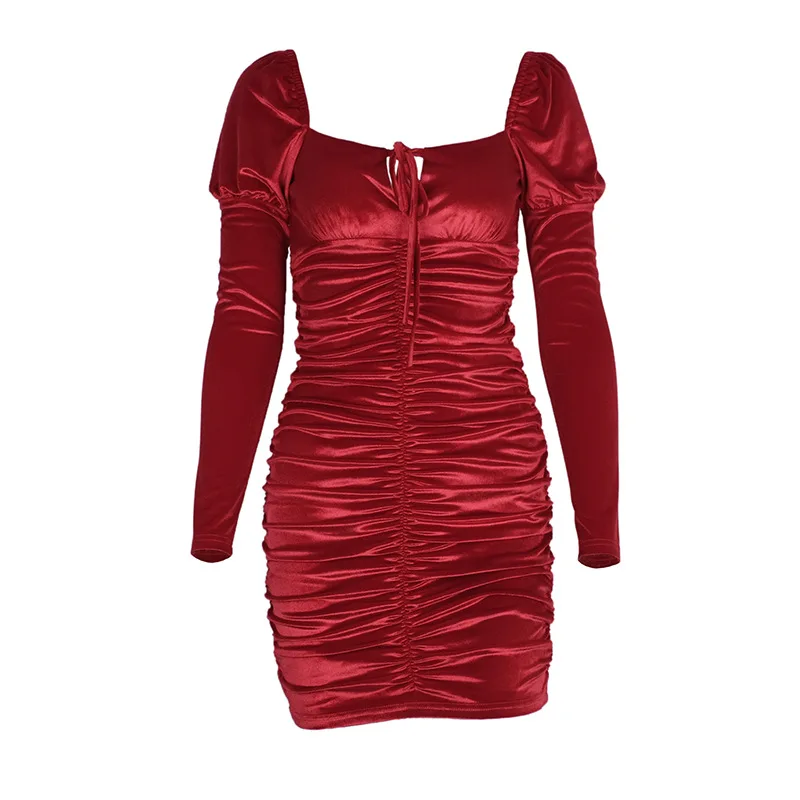 

2019 long puff sleeve satin pleated sexy mini dress autumn winter women solid party elegant streetwear outfi