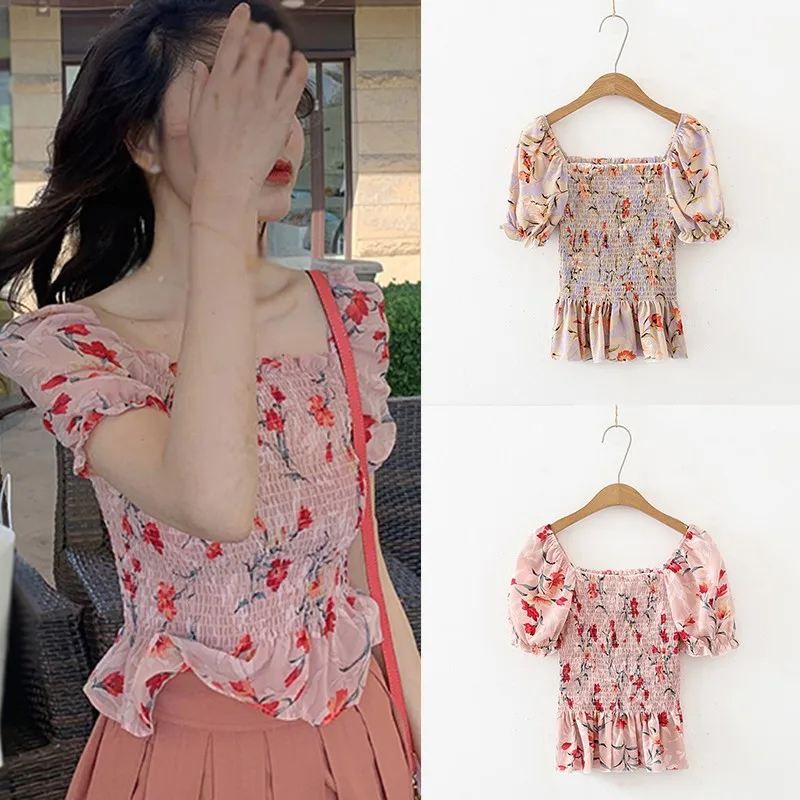 

Women's Summer Chiffon Shirt Blusas Sexy Floral Blusa Mujer Print Slash Neck Sweet SlimShort Sleeve Blouse