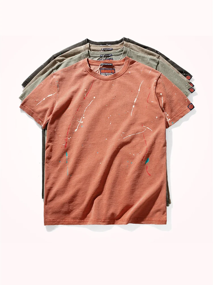 

2021 Summer New American Street Short-sleeved O-neck Spray Paint T-shirt Men's Fashion Retro Pure Cotton Casual Washed Old Tops