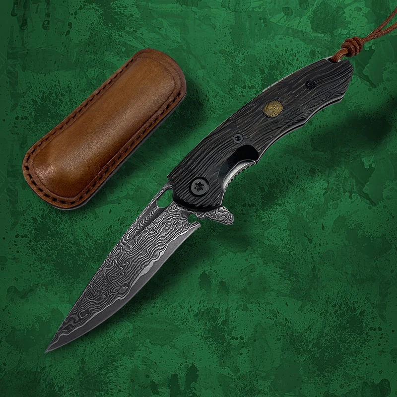 

Handmade Damascus Folding Knife 5.4 Inch Black Sandalwood Handle and Camping Self-Defense EDC Tool with Leather Case