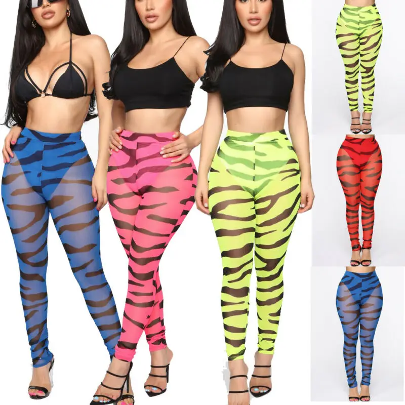 

Newest Women Sexy Black Stripe Slim Long Pants Pearl Mesh Sheer Pants Transparent Long Trousers Swimwear Bikini Cover Up
