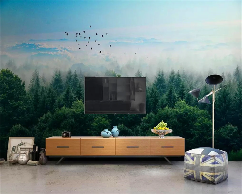 Custom wallpaper mural simple and stylish Nordic minimalist misty forest distant mountain birds background wall | Обустройство дома