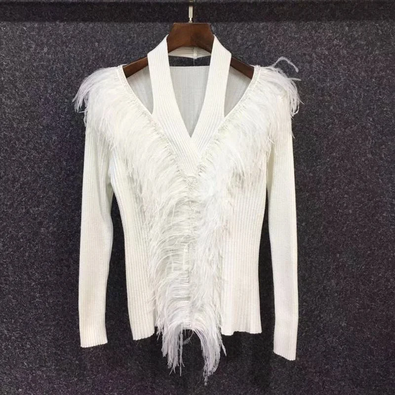 High Quality Wool Sweaters 2022 Spring Autumn Pullovers Ladies Feathers Beading Deco Long Sleeve Casual Black White Sexy Jumpers