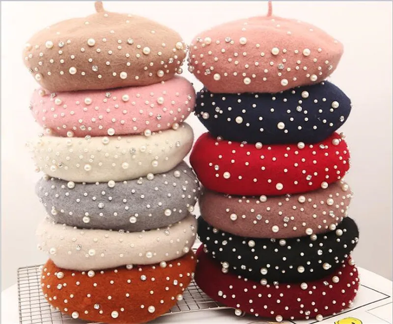 Женский теплый берет из кашемира с жемчужинами во французском стиле B1179 |