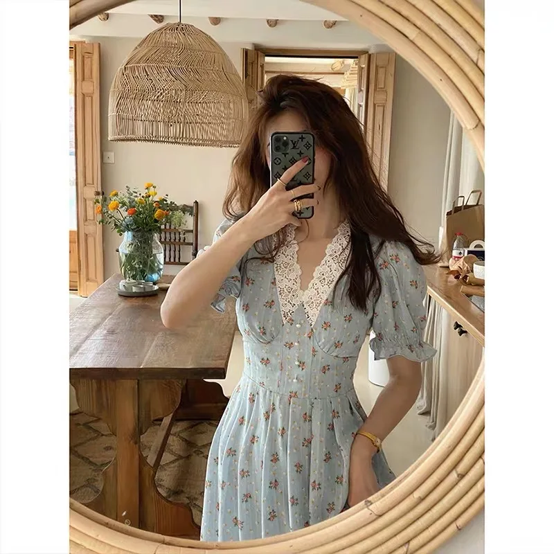 

Women's Summer White Dress 2021 Sundress Elegant Puff Sleeve V-Neck Lace Floral Chiffon Dresses Vintage Ladies A-line Dresses