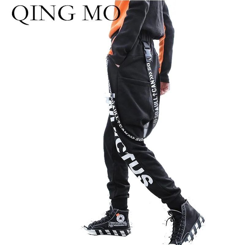 QING MO, хип-хоп штаны для женщин, плюшевые весенние спортивные штаны, штаны с буквенным принтом, женские черные BF съемные штаны на бретельках, ZLD062A