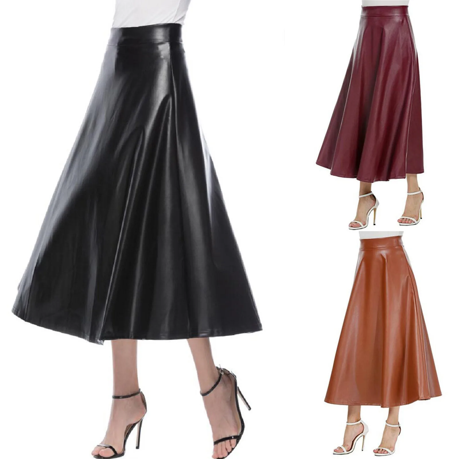 

Womail Fashion Casual Women Solid Leather Skirt Elegant Long Skirt High Waist Zipper Retro A-line Pleated Skirts Mujer Faldas