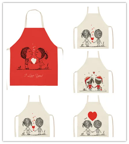 

Lovers Printed Cotton Linen Heart Sleeveless Aprons Kitchen Women Pinafore Home Cooking Baking Waist Bib Cute Apron Barber Apron