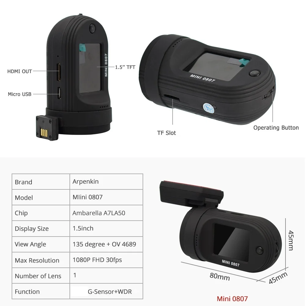 Мини 0807 Dash камера Обновление от 0805 DVR 1080P Автомобильный видеорегистратор один TF карта порт видео рекордер с Amba A7LA50