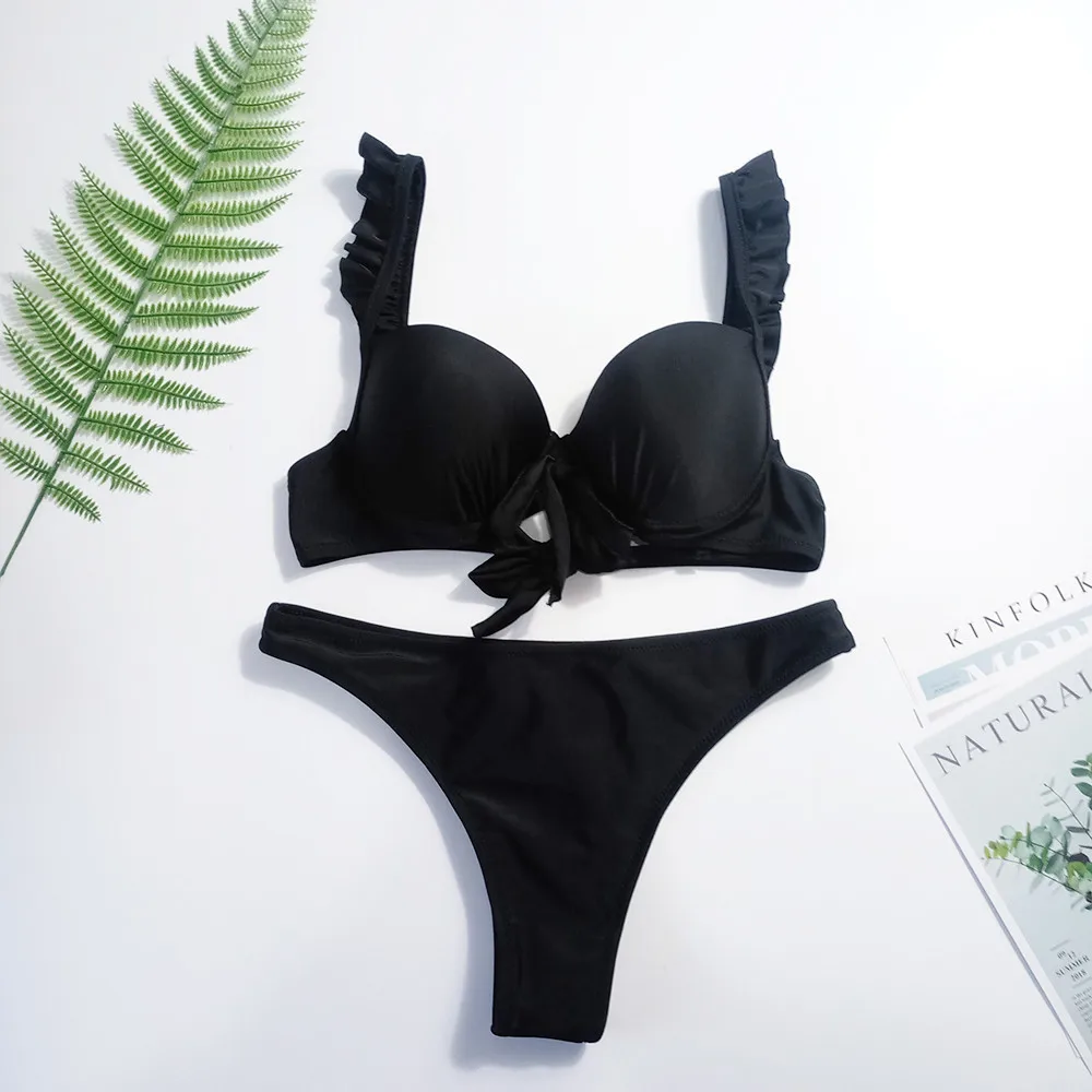 Сексуальный пуш-ап бикини на косточках белый черный женский купальник с оборками