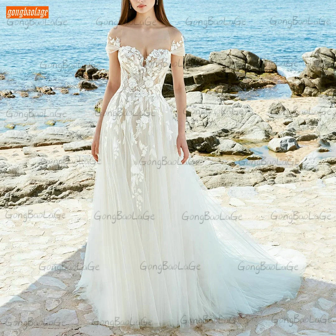 

New Bohemian Ivory Wedding Dresses 2021 White robe de mariée Customized платье свадебное Lace Appliques Tulle A Line Bride Gowns