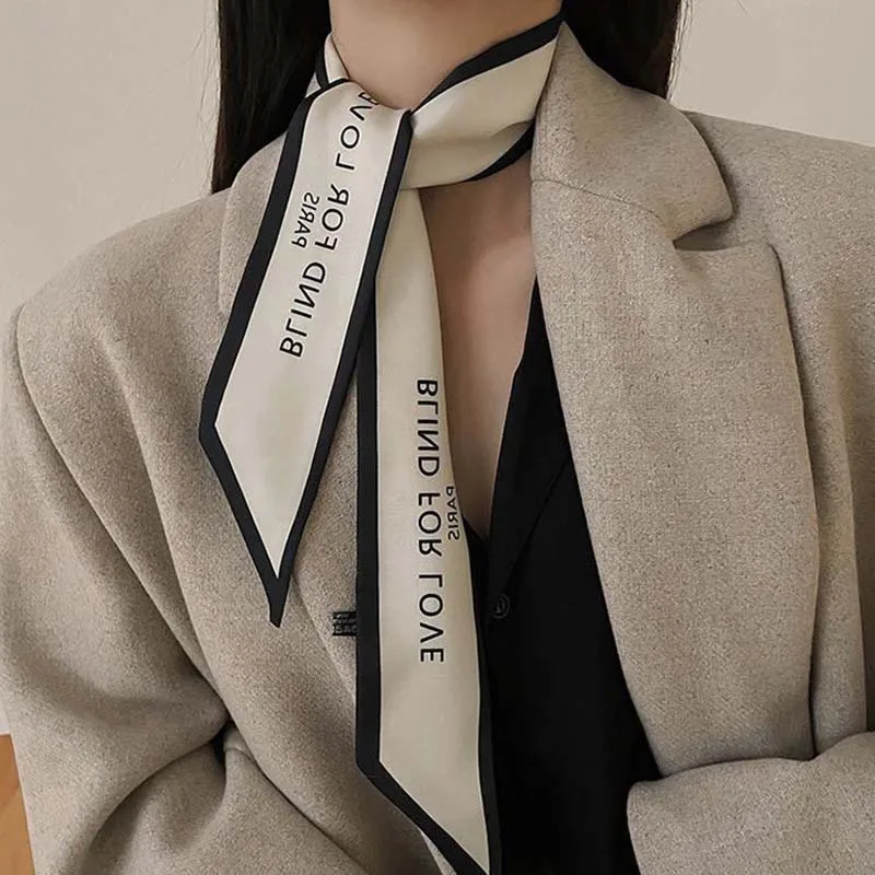

Women Narrow Long Scarf Ponytail Holder Chic French Gentle Elegant Chiffon Silk Tie Letter Print Bag Ribbon Headband Choker