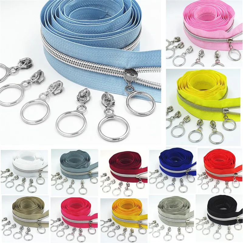 

2M 4Pcs Slider 5# Colored Silver Tooth Nylon Zipper Coil Code Decoration Luggage Garment Purse Bags DIY Home Sewing Accessories