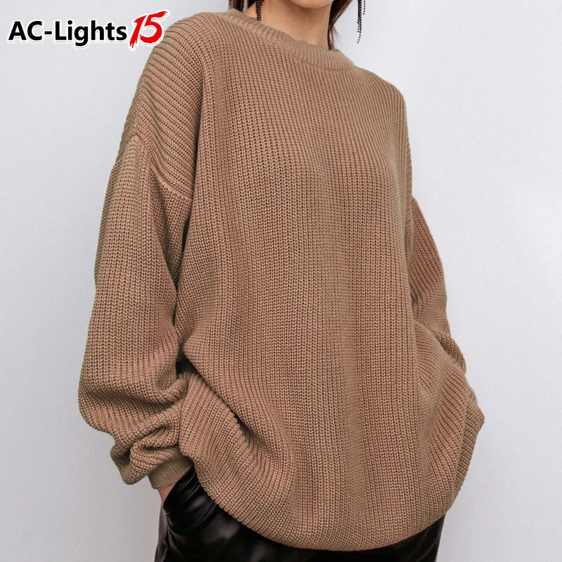 Женский вязаный свитер элегантный джемпер пуловер оверсайз с круглым вырезом
