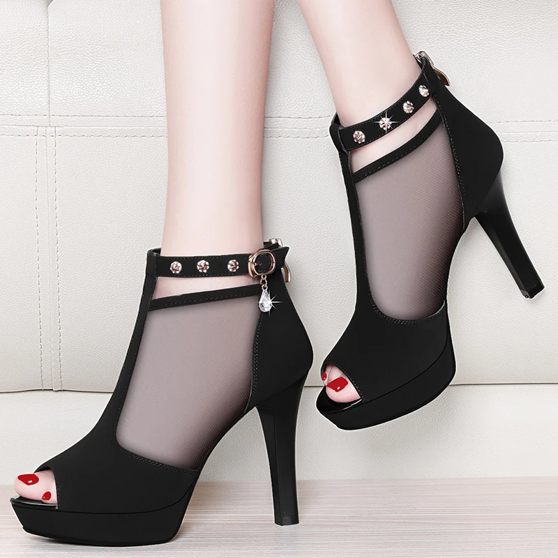 

2021 New Mesh Sandals Shoes Women Black Ankle Boot For Summer Thin High Heel Rhinestone Open Toe Shoes Hollow Out Back Zip N0214