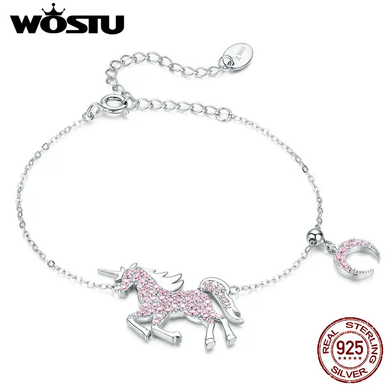 WOSTU 100% настоящая 925 пробы серебряный розовый единорог регулируемый браслет