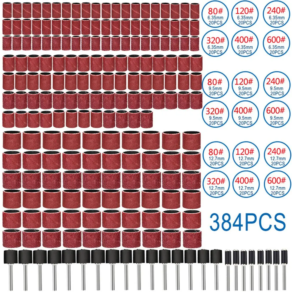 

384 Pieces Sanding Band Sleeves Drilling Nail Grinding Parts Polishing Work Drum Sander Set Rotary Tool Mandrels For Dremel