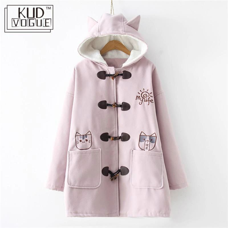 Теплая зимняя куртка с капюшоном в японском стиле Kawaii для девочек длинное шерстяное пальто с вышитыми карманами и пряжкой в виде кошки плотная Шерстяная Одежда Mori Girl