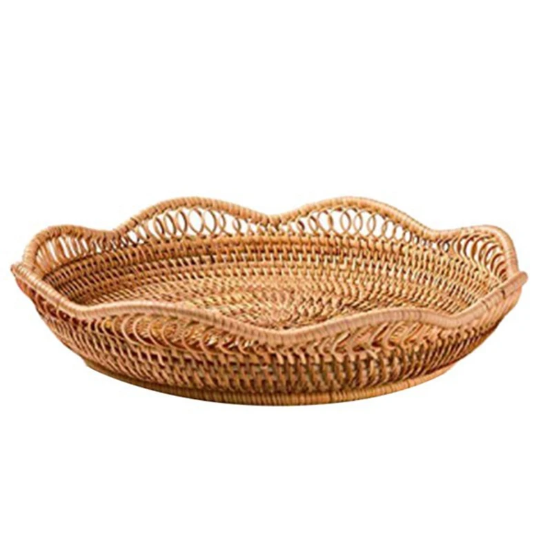 

Hand-Woven Rattan Storage Basket Fruit Basket Wicker Woven Tray Restaurant Small Container Home Decoration