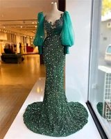 luxury hunter green mermaid evening dresses sequins beaded long sleeves plus size formal prom gown vestidos de fiesta for arabic