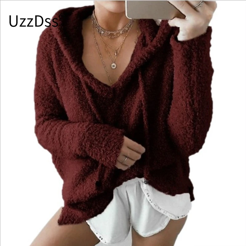 Осенний Топ для женщин 2020 повседневный мохер с капюшоном пуловеры v-образным