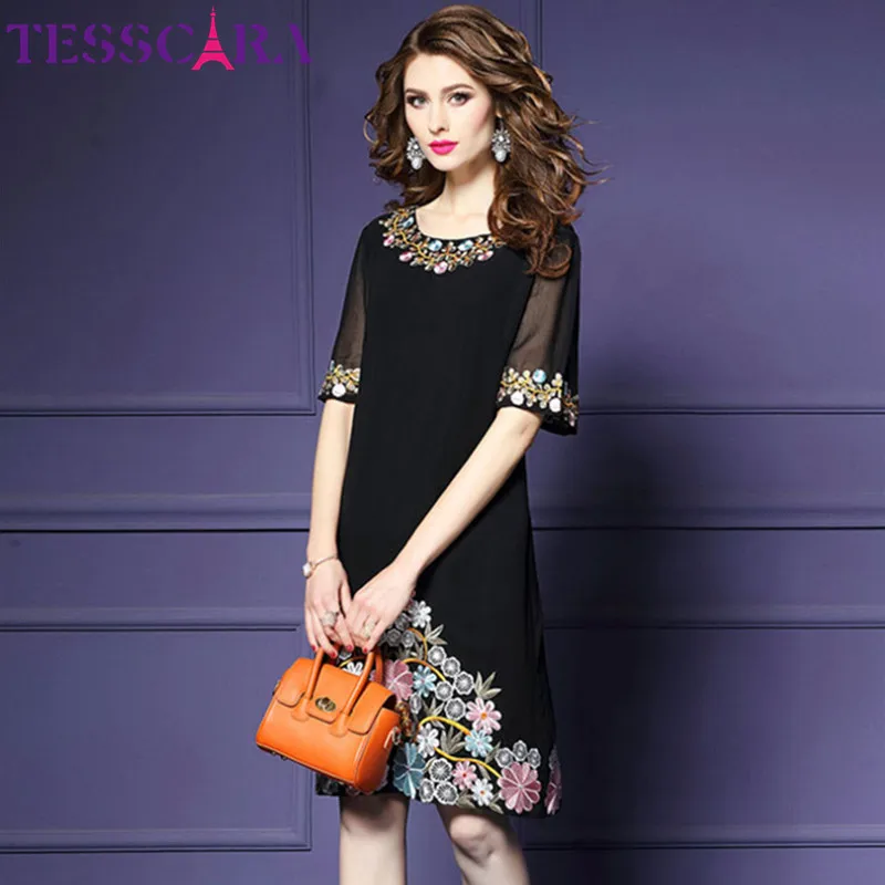 Женское платье с вышивкой TESSCARA Элегантное коктейльное в стиле ретро офисный