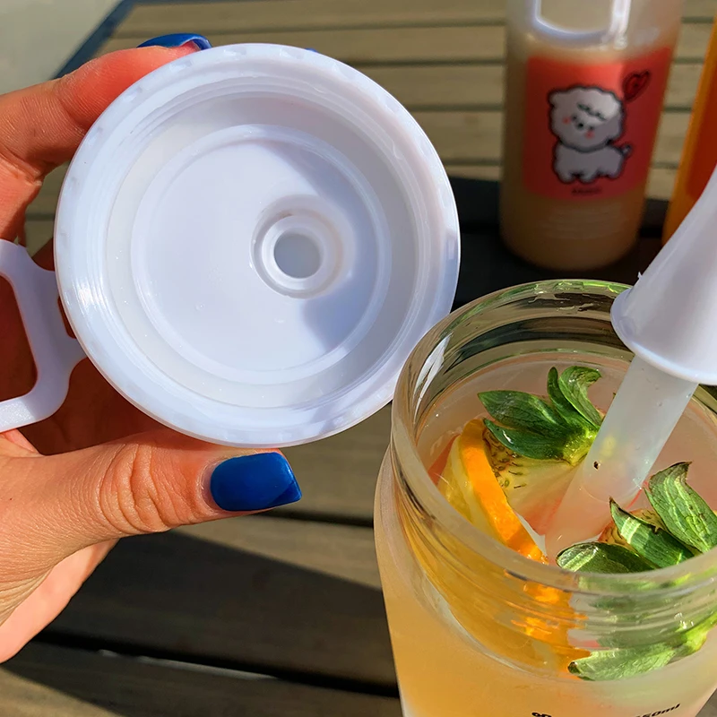 Милая Корейская матовая стеклянная бутылка для воды 500 мл с соломинкой