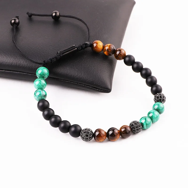 

New Design High Quality Natural Real Malachite Stone CZ Pave Ball Braided Friendship Macrame Bracelet Men