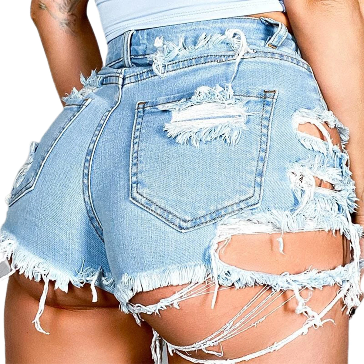 Short en jean déchiré pour femme, taille moyenne, ourlet brut effiloché, mode été 2020