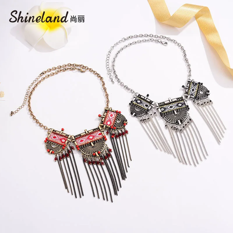 Shineland ретро этнические богемные бусы из ткани с длинной кисточкой ожерелье для