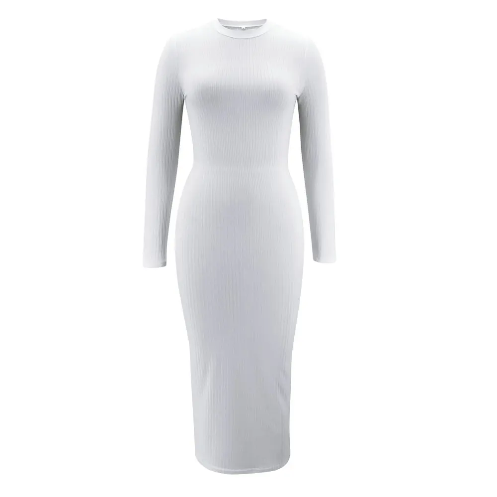 Женское трикотажное платье в рубчик однотонное облегающее мини с длинным