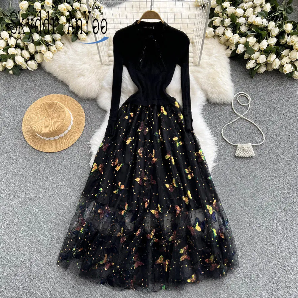 

2021 Autumn Winter Fashion Knitted Dress For Women Mesh Patchwork Butterfly Sequined Black Midi Long Dress Chic Party Dresses
