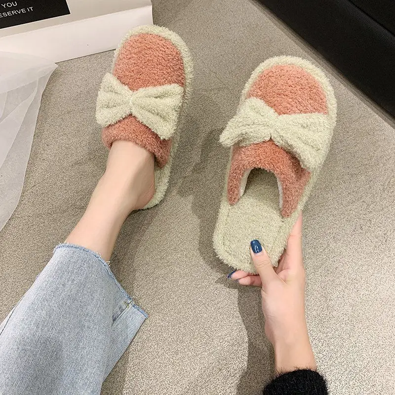 

Bowknot Cotton Slippers Female Cute Winter New Warmth Thick-Soled Confinement Shoes Home Home Shoes Indoor Furry Slippers