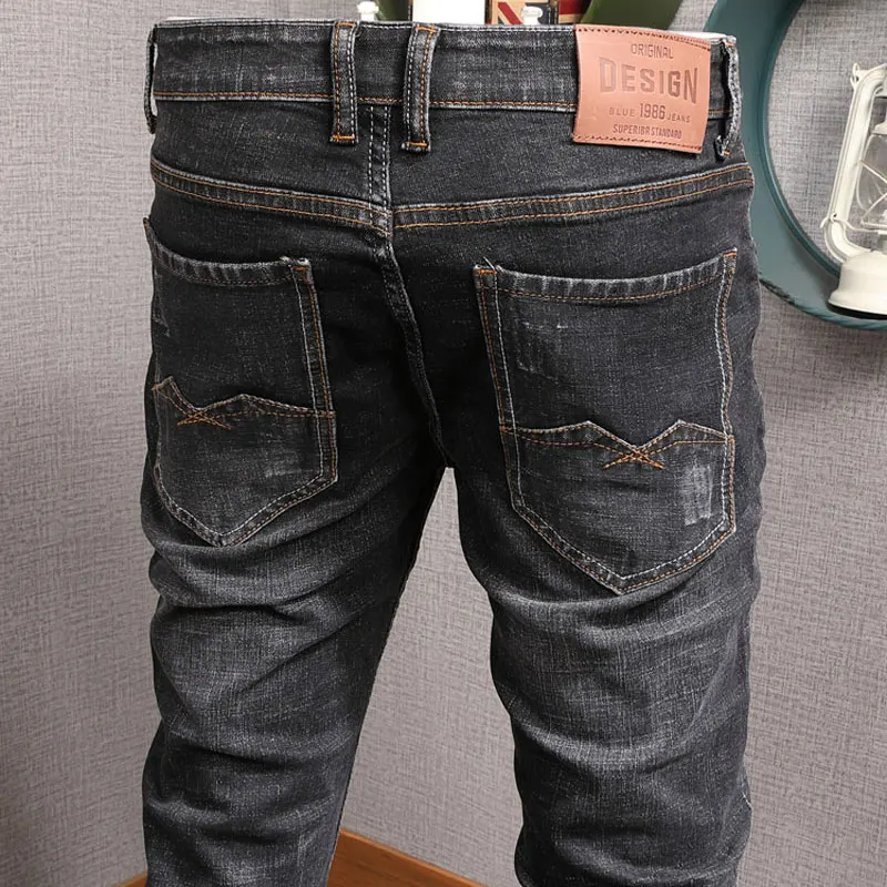 European American Street Fashion Men Jeans Retro Black Gray Slim Fit Ripped Jeans Men Distressed Vintage Designer Denim Pants