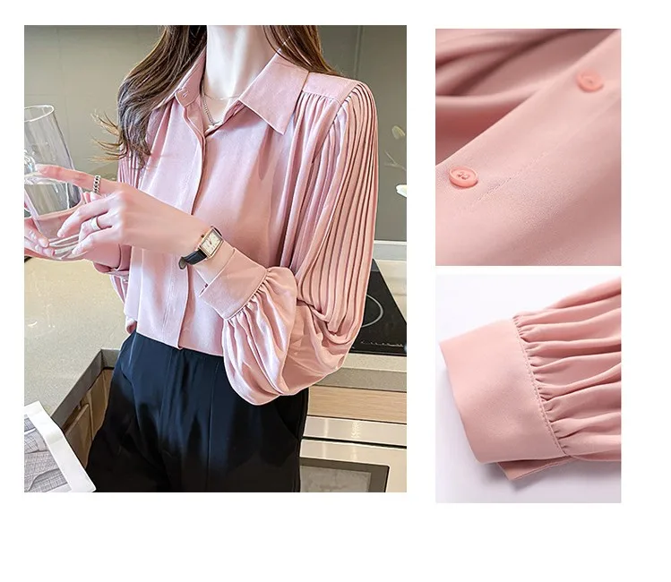 

Pure Color Pleated Shirt Large Size Women's Lapel Lantern Long Sleeve + Single-breasted Fashion Casual All-Match Shirt 2021 New