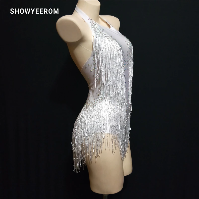 white Sparkly Rhinestones Tassel Leotard Nightclub Dance DS Show Stage Wear Stretch Bodysuit Party Female Singer Outfit | Тематическая