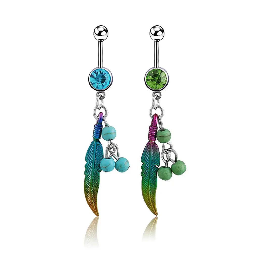 Кольцо в пупок с бирюзовым камнем и перьями |