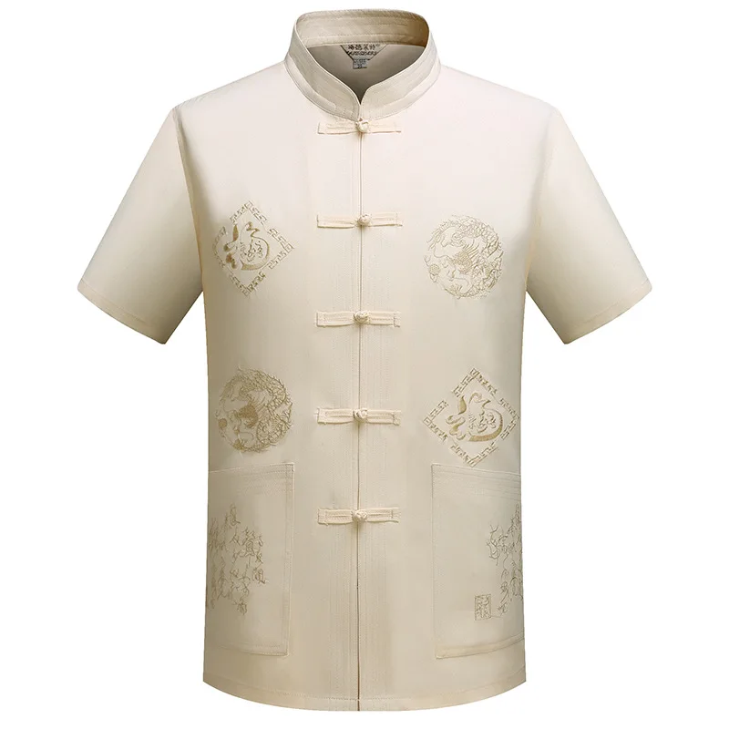 

Mandarin Collar Kung Fu Tai Chi Uniform Traditional Chinese Dragon Clothing Tang Suit Top Summer Cotton Linen Shirt Men