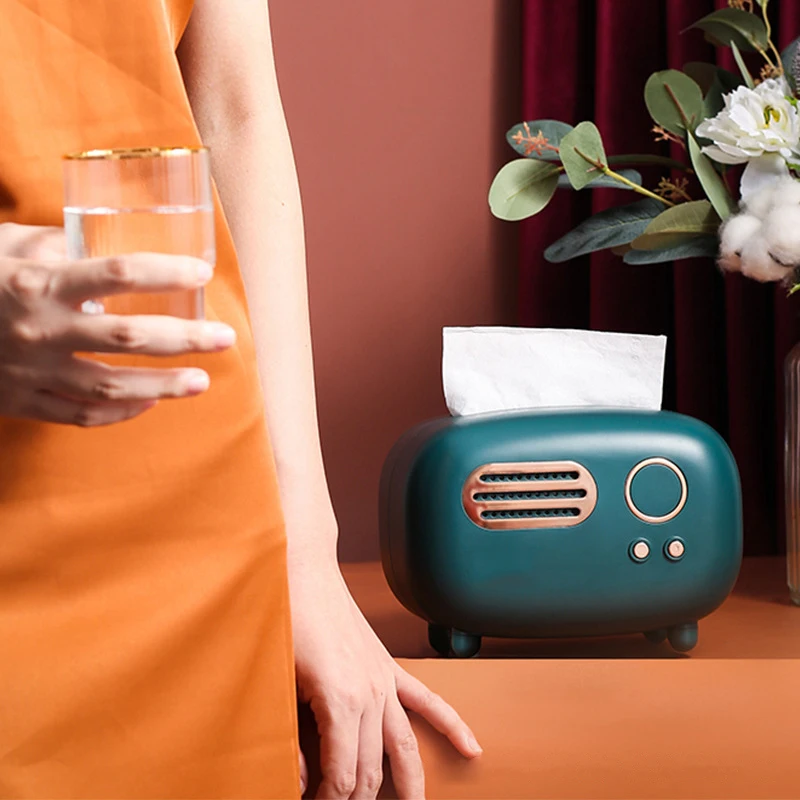 

Retro Radio Shape Tissue Box with Wide Mouth Napkin Paper Holder Creative Napkin Drawer Design Anti-slip Living Room Storage