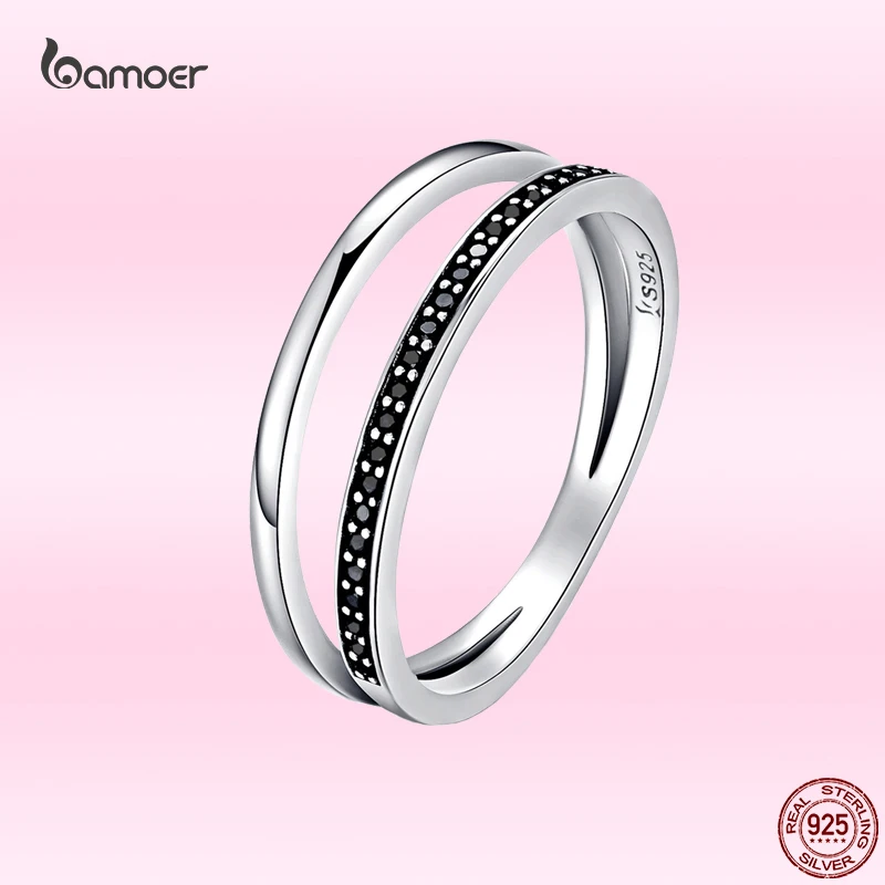 

Bamoer 925 Sterling Silver Genuine Double Circle Black Clear CZ Stackable Finger Ring for Women Fine Noble Jewelry Gift SCR082