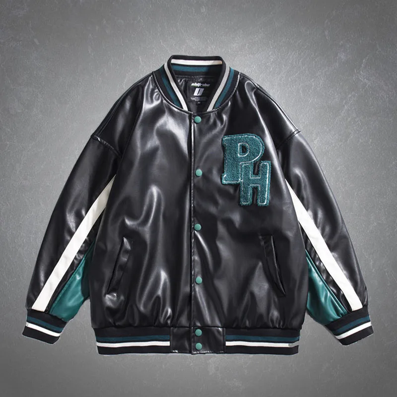 

Бейсбольная куртка в стиле хип-хоп для мужчин, повседневная ветрозащитная куртка из искусственной кожи в полоску, с вышивкой в стиле пэчвор...