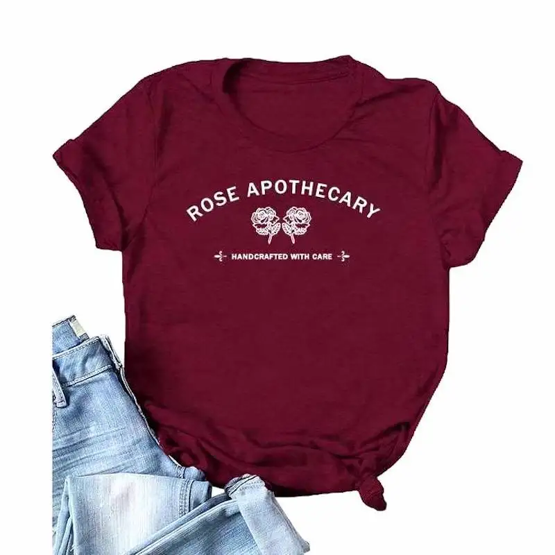

T Shirt Women Top Printed Letter Rose Apothecary Casual Loose O Neck Short Sleeve Clothes Wearing