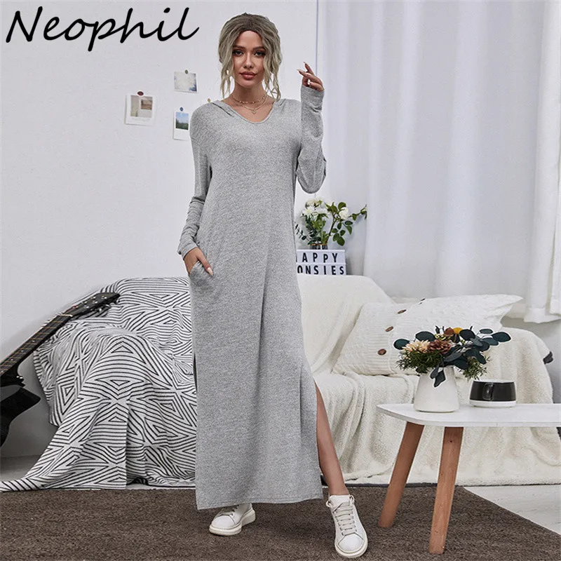Neophil 2021 женские хлопковые серые прямые длинные платья с разрезом капюшоном
