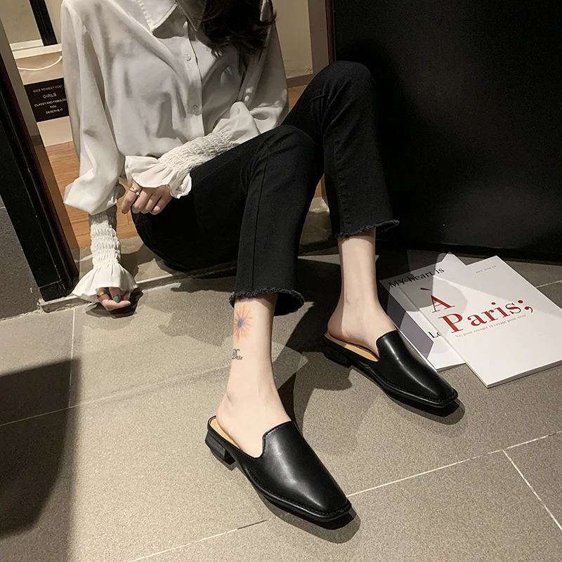 Мюли женские на низком каблуке шлепанцы из экокожи без застежки повседневная