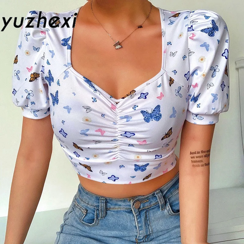

YUZHEXI butterfly print cotton t shirt for women puff short sleeve ruched v neck crop tops summer white casual outfit