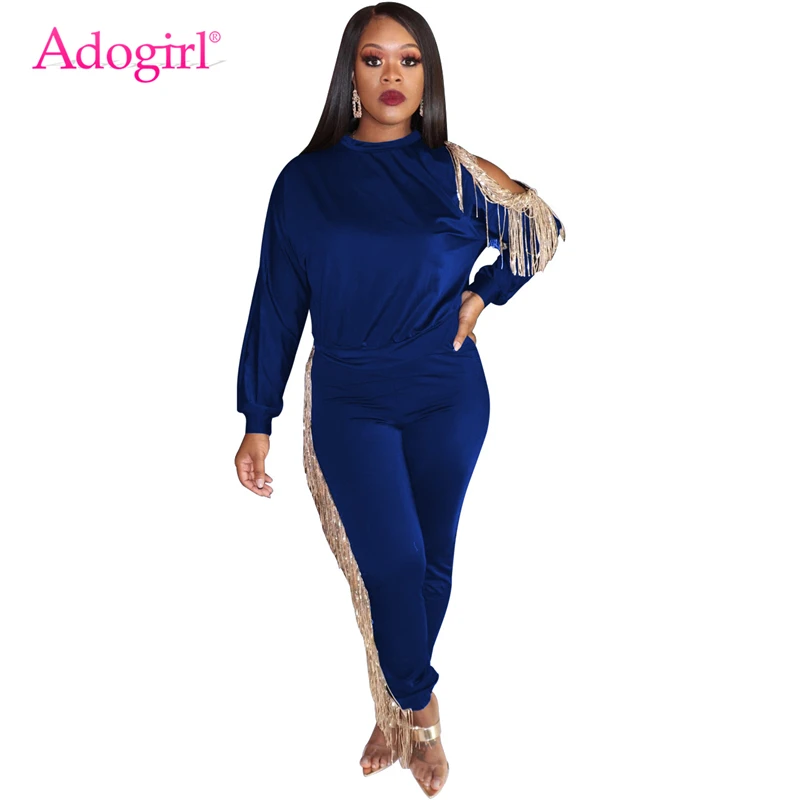 blue 2 piece set Adogirl женский спортивный костюм с блестками и кисточками, Модный комплект из двух предметов, свитер с длинными рукавами, пуловер, топ, повседневные штаны - Цвет: blue 2 piece set